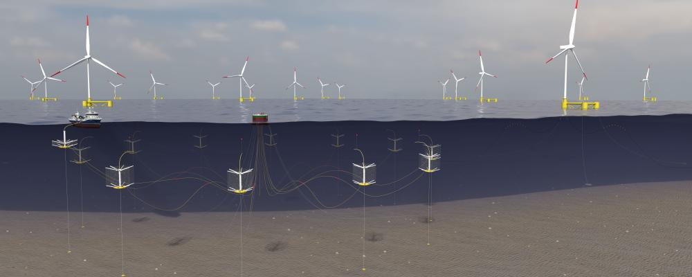Visualisering av samlokalisering av flytande vindkraft och fiskodling till havs. Av: Nordwest3D
Upphovsrätt: Subfarm