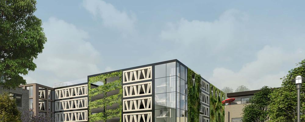 LKPs nya parkeringshus Niels Bohr med fasad av återbrukade vindkraftsvingar. Pressbild: LKP