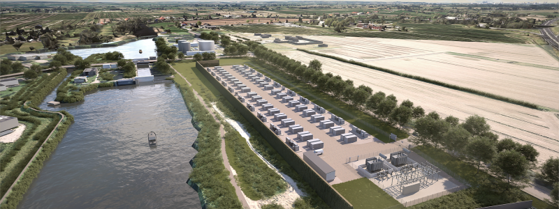Avtalet stödjer finansieringen av Hamburgs största batterilagringsprojekt (100 MW / 400 MWh), utvecklat internt av Flower. (Renderad bild). Pressbild: Flower
