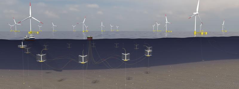 Visualisering av samlokalisering av flytande vindkraft och fiskodling till havs. Av: Nordwest3D
Upphovsrätt: Subfarm