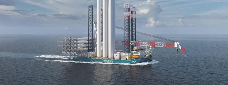 Illustration av ett de två Havfram Wind jack-up WTIV-fartygen, som för närvarande byggs i Yantai, Kina. De kommer att börja användas 2026. Bild: Havfram