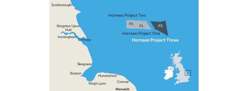 Hornsea 3, som är en del av en större vindkraftspark vid Hornsea utanför Yorkshires kust, förväntas ge en avkastning i den lägre delen av Ørsteds mål för projektavkastning. Analytiker på Bernstein uppskattar den interna avkastningsräntan till 7-7,5 procent. Karta: Ørsted/ Projekt Hornsea 3