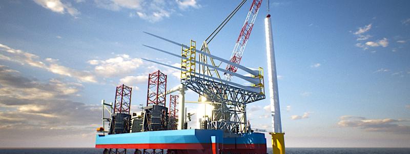 Maersk Supply Service har designat och beställt ett unikt fartyg för vindturbinInstallationer för  bottenfixerade havsbaserade vindkraftverk. Fartyget är det första i sitt slag. Därigenom blir installationen 30 procent snabbare än den konventionella jack-up-metoden. Illustrationen: Maersk Supply Service