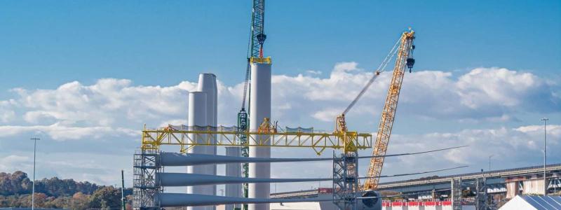 Ørsteds vindturbinblad för projektet Revolution Wind uppställda vid kusten norr om New York. Foto: Ørsted