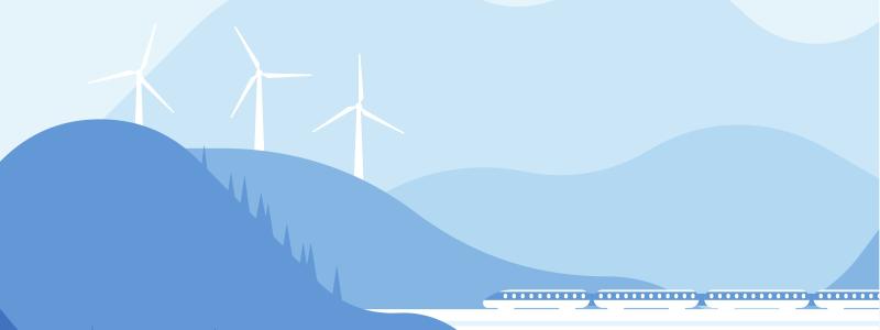Illustration över landskap med vindkraft och tåg. Illustration av: Public domain vectors  / Unsplash