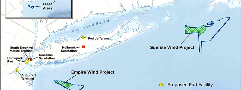 Denna karta visar de sammanslagna projektområdena för Empire Wind och Sunrise Wind, förslagen som valts ut för kontraktsförhandlingar. Empire Wind ligger centralt i New York Bight och Sunrise Wind ligger långt öster om Montauk, Long Island. Föreslagna hamnanläggningar, inklusive Port of Coeymans, Port of Albany, Port Jefferson, South Brooklyn Marine Terminal, Homeport Pier och Arthur Kill Terminal, samt föreslagna landbaserade stationer i Gowanus, Brooklyn och Holbrook, Long Island är markerade. Karta: Kredit: New York State/US.Gov.