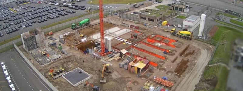 En flygvy över belgiska Hyoffwind-anläggningen i Zeebrugge hamn. Foto: Besix