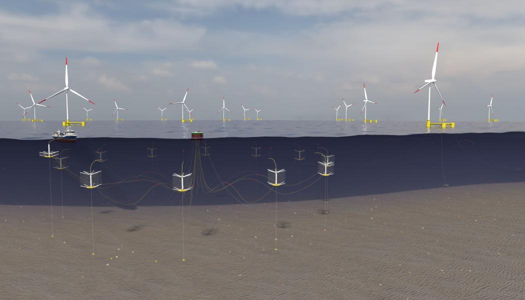 Visualisering av samlokalisering av flytande vindkraft och fiskodling till havs. Av: Nordwest3D
Upphovsrätt: Subfarm