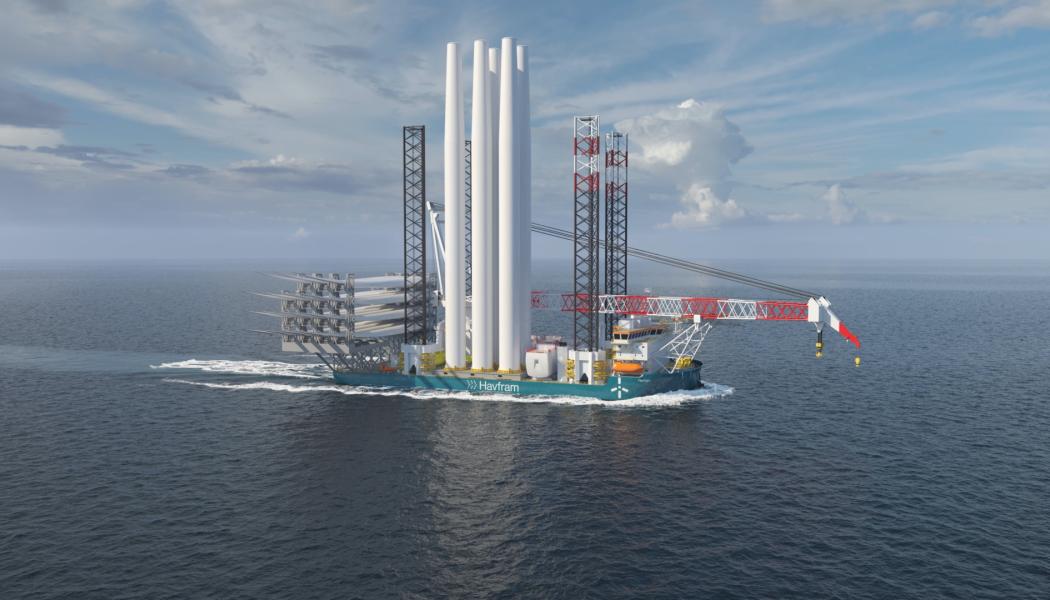 Illustration av ett de två Havfram Wind jack-up WTIV-fartygen, som för närvarande byggs i Yantai, Kina. De kommer att börja användas 2026. Bild: Havfram

