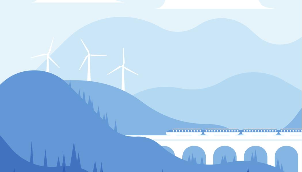 Illustration över landskap med vindkraft och tåg. Illustration av: Public domain vectors  / Unsplash