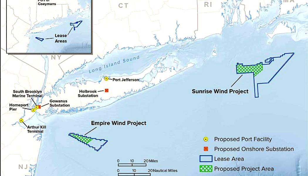 Denna karta visar de sammanslagna projektområdena för Empire Wind och Sunrise Wind, förslagen som valts ut för kontraktsförhandlingar. Empire Wind ligger centralt i New York Bight och Sunrise Wind ligger långt öster om Montauk, Long Island. Föreslagna hamnanläggningar, inklusive Port of Coeymans, Port of Albany, Port Jefferson, South Brooklyn Marine Terminal, Homeport Pier och Arthur Kill Terminal, samt föreslagna landbaserade stationer i Gowanus, Brooklyn och Holbrook, Long Island är markerade. Karta: Kredit: New York State/US.Gov. 