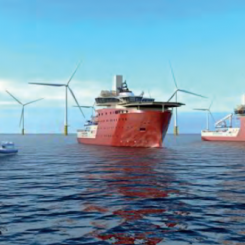 Visualisering av servicefartyg vid den gigantiska vindkraftsparken Dogger Bank i Nordsjön som är under uppbyggnad. Ill: North Star Renewables Animatrion