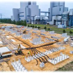 Byggarbetsplatsen för storskaliga tyska batteriet ”Bigbattery Boxberg”. Foto: Andreas Franke för LEAG.