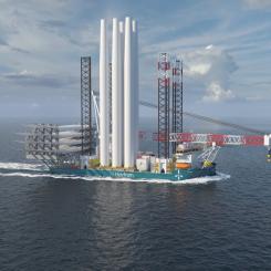 Illustration av ett de två Havfram Wind jack-up WTIV-fartygen, som för närvarande byggs i Yantai, Kina. De kommer att börja användas 2026. Bild: Havfram