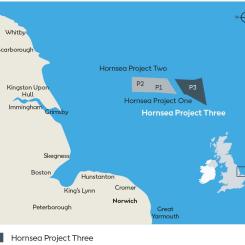 Hornsea 3, som är en del av en större vindkraftspark vid Hornsea utanför Yorkshires kust, förväntas ge en avkastning i den lägre delen av Ørsteds mål för projektavkastning. Analytiker på Bernstein uppskattar den interna avkastningsräntan till 7-7,5 procent. Karta: Ørsted/ Projekt Hornsea 3