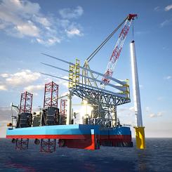 Maersk Supply Service har designat och beställt ett unikt fartyg för vindturbinInstallationer för  bottenfixerade havsbaserade vindkraftverk. Fartyget är det första i sitt slag. Därigenom blir installationen 30 procent snabbare än den konventionella jack-up-metoden. Illustrationen: Maersk Supply Service