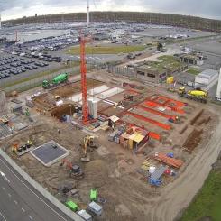 En flygvy över belgiska Hyoffwind-anläggningen i Zeebrugge hamn. Foto: Besix